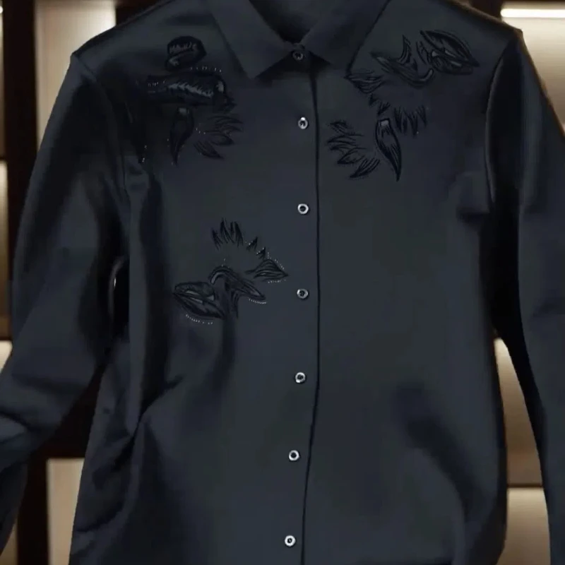 China-Chic New Flocked Non Iron Printed Shirt Men's Handsome Wear Versatile Elastic Top Long Sleeve Shirt