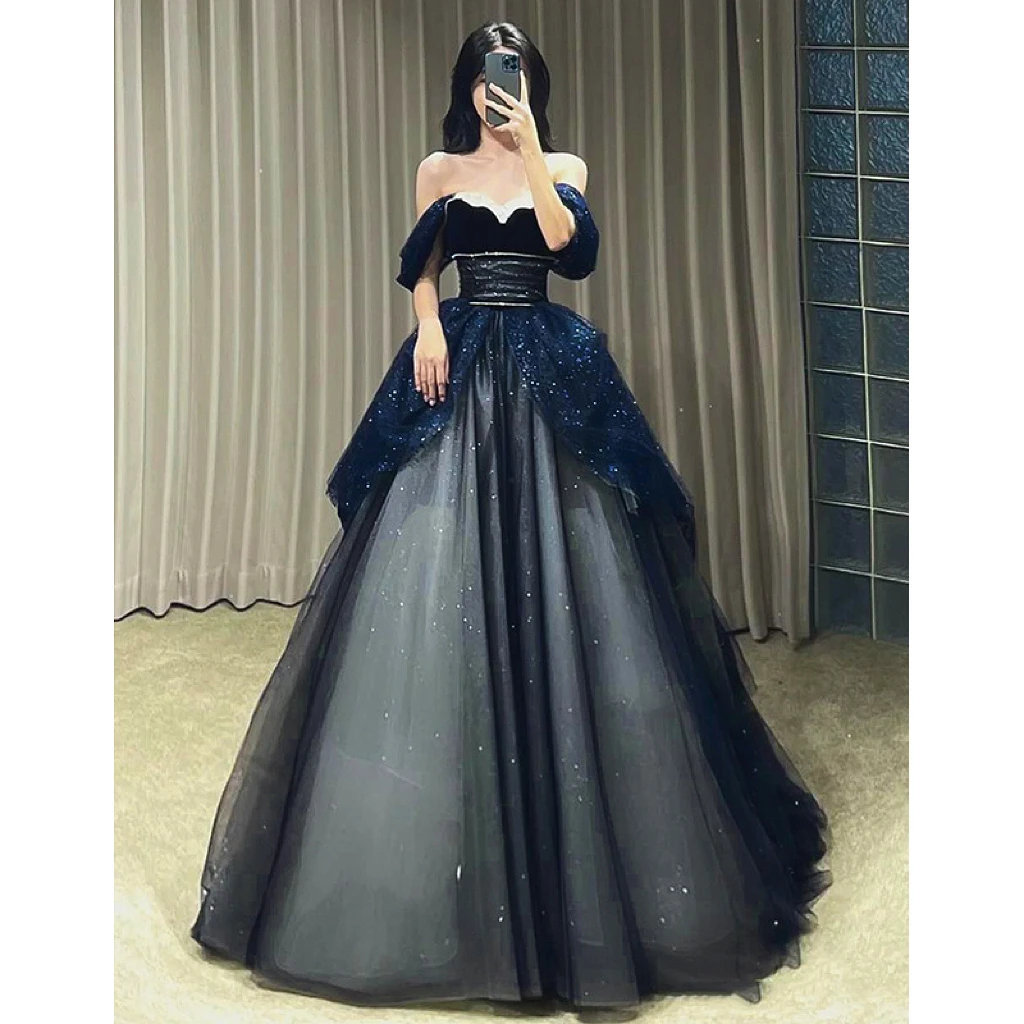 Vestido de noche azul marino con lentejuelas Empire Off Shoulder para mujer, moda ostentosa para mujer, vestido de princesa Sexy de tul de lujo para