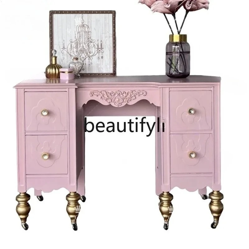 

French Retro Solid Wood Carved Entrance Cabinet Living Room Decorative Cabinet Storage Cabinet Pink