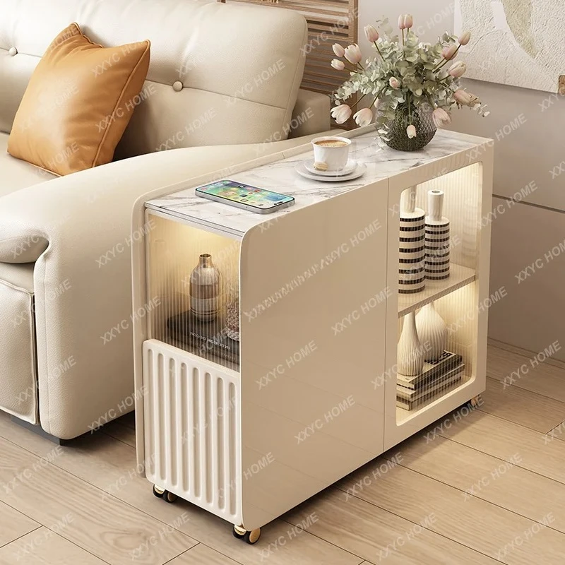 A  Couch Side Cream Wind Bedside Table 30cm Rectangular Super Narrow Movable Coffee Table