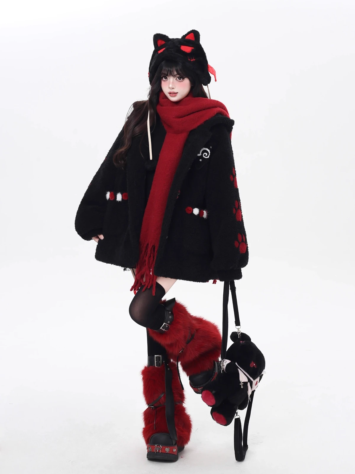 Fashion Streetwear Style Cute Cat Paw Embroidery Warm Hooded Faux Lamb Fur Thickened Warm Hooded Cotton Jacket for Women Winter