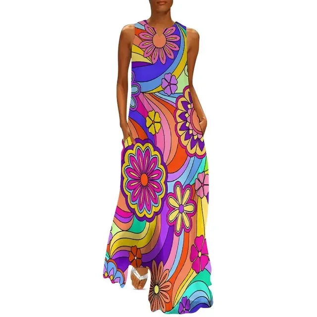 Flower Power Women Dress Summer Retro Floral Print Street Wear Bohemia Long Dress Womens Sleeveless Sexy Maxi Dress Big Size 3XL