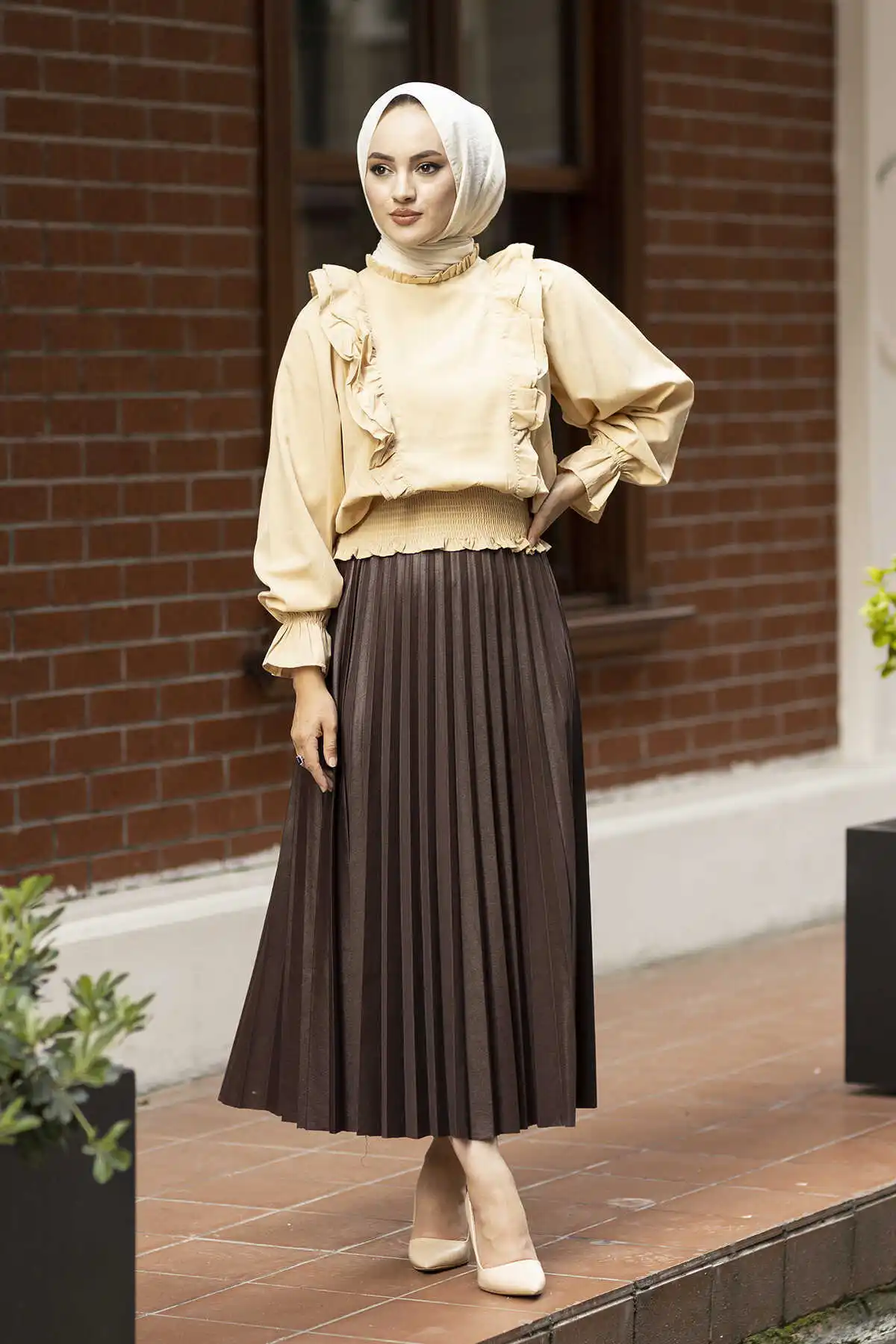 Front Frilled Blouse MD-Milk Coffee