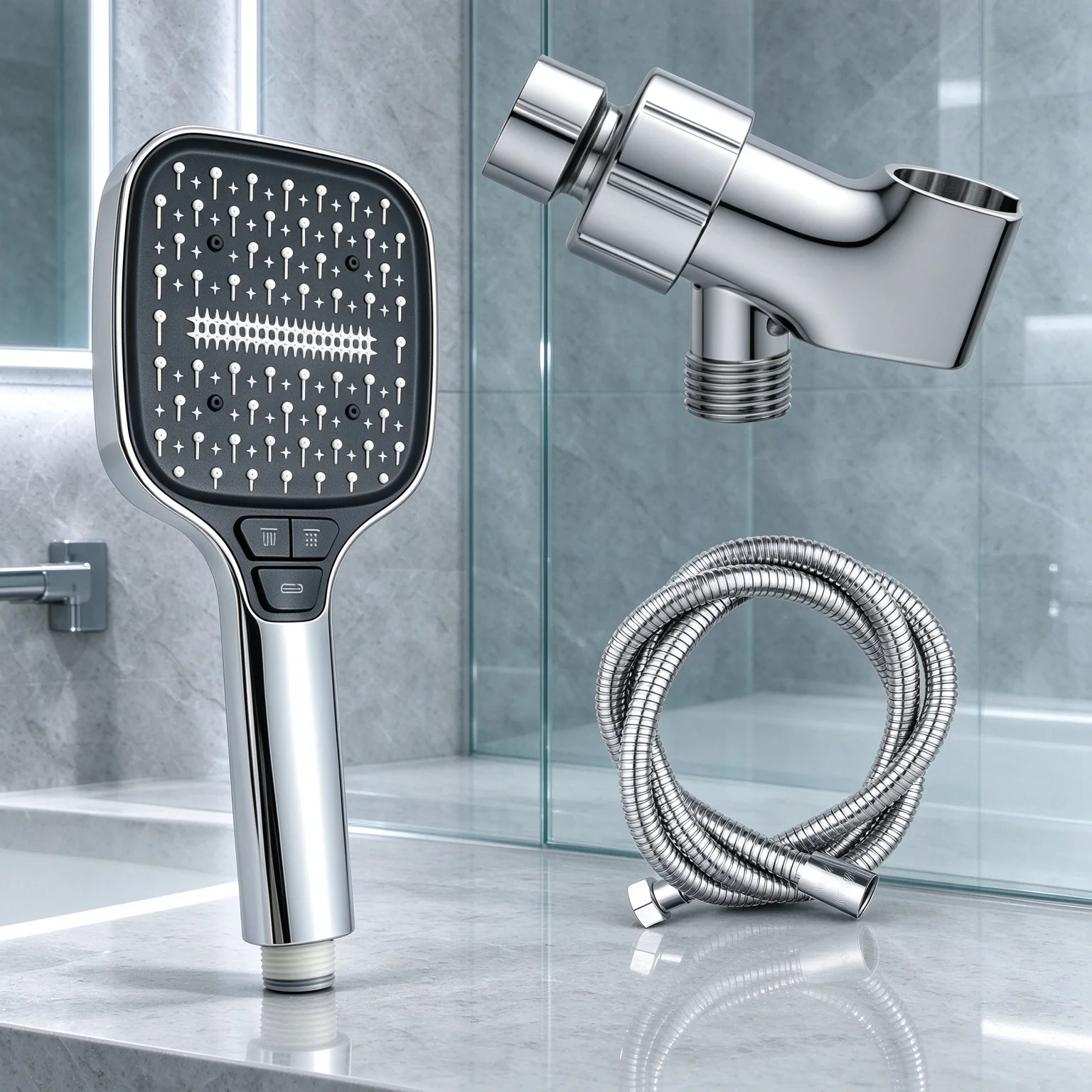 Handheld Shower Head Set 8 Modes High Pressure with 1.5m Hose and Holder Universal Interface Household Bathroom Accessory