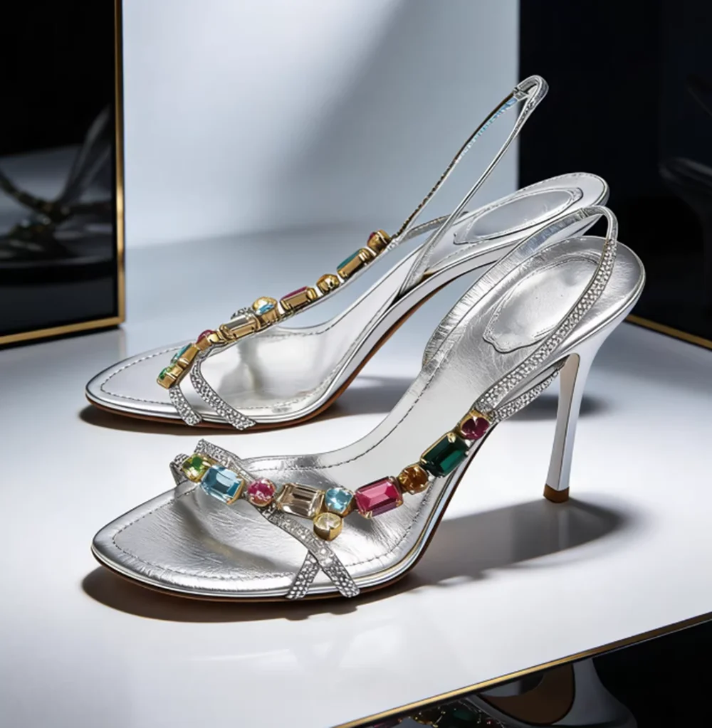 Silver Metallic Crystal-Embellished Sandals Multicolor Gemstone Straps Stiletto Heel Elegant Summer High-Fashion Lady Sandals - view 4