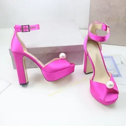 Pearl Decor Platform Sandals Bow Knot Solid Silk Shoes for Women Peep Toe Stilettos High Heels Shoes Party 2023 Zapatillas Mujer