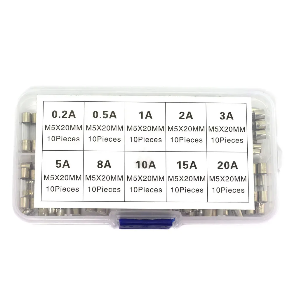 100 Stück 5x20mm Schnellverschmelzende Glasrohr-Sicherungen Sortiertes Set Ampere 0,2A 0,5A 1A 2A 3A 5A 8A 10A 15A 20A 250V mit Aufbewahrungsbox – Detail 3