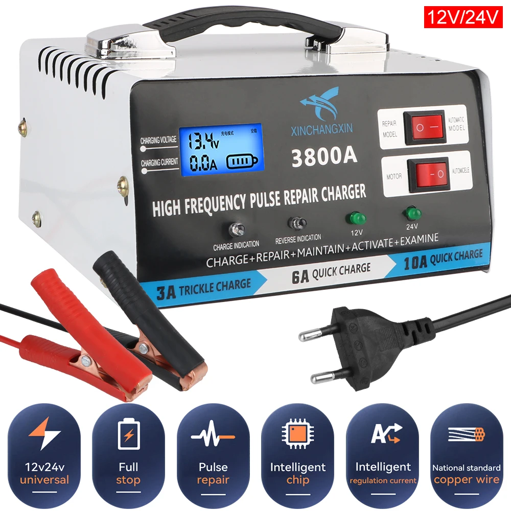 Full Automatic Car Battery Charger Fast Charger 12V 24V High Power Repair Battery Charging For Lead Acid Battery EU Plug