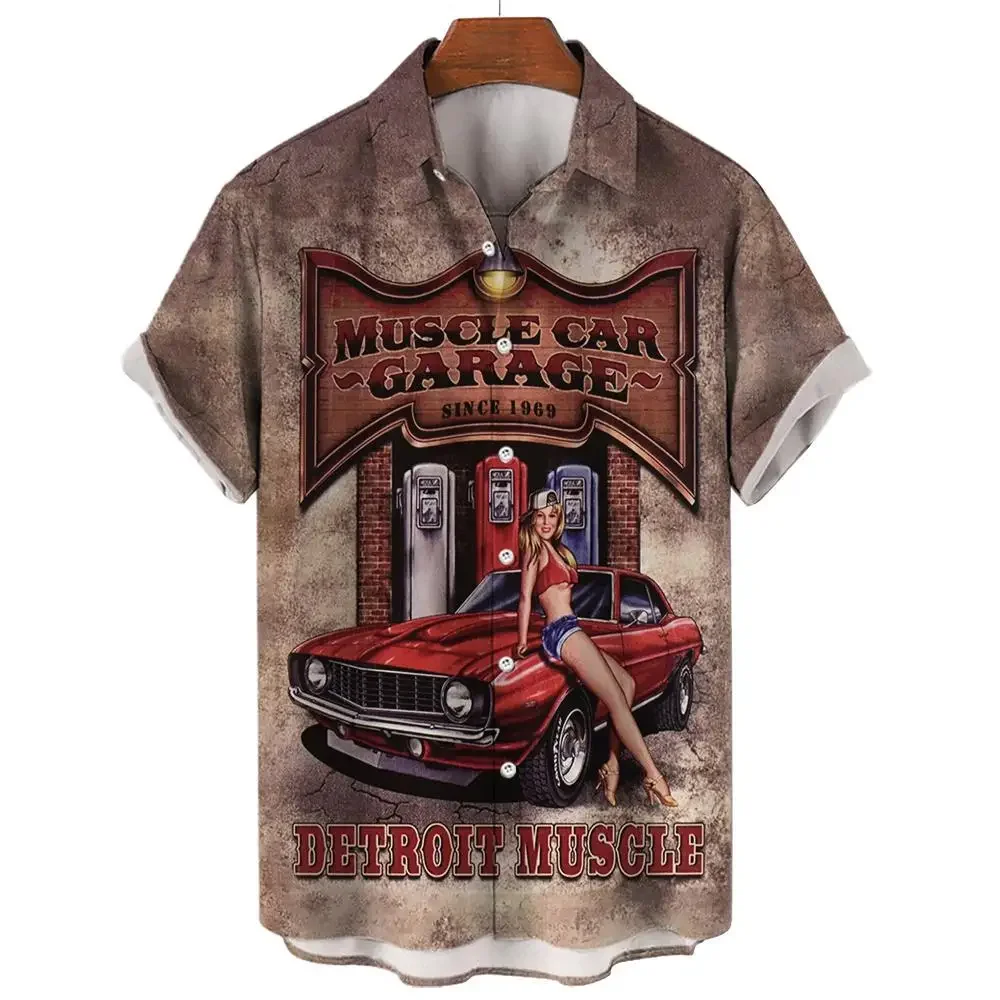 2023 New Retro Classic Car Fashionable and Handsome Printed Short-Sleeved Men\'s Shirt Casual and Comfortable Lapel Cardigan Top