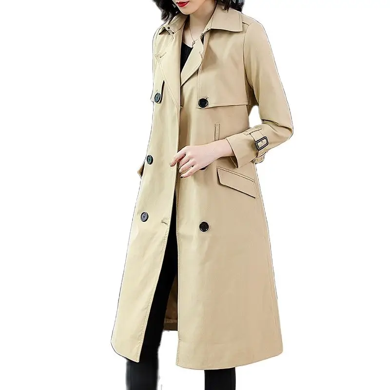 2023 autumn and winter new khaki windbreaker jacket female fashion lapel temperament was thin in the long section A word coat fe