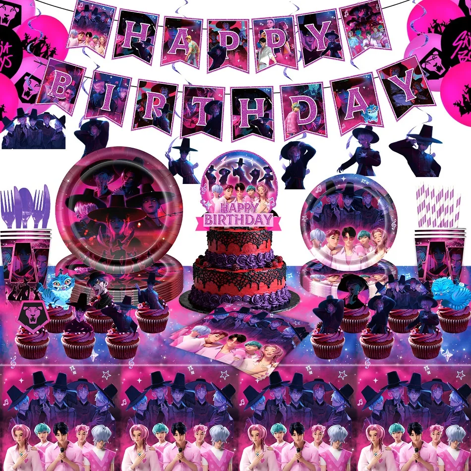 Kpop Demon Hunters Saja Boys globo temático vajilla desechable mantel platos tazas conjunto suministros de decoración para fiesta de cumpleaños