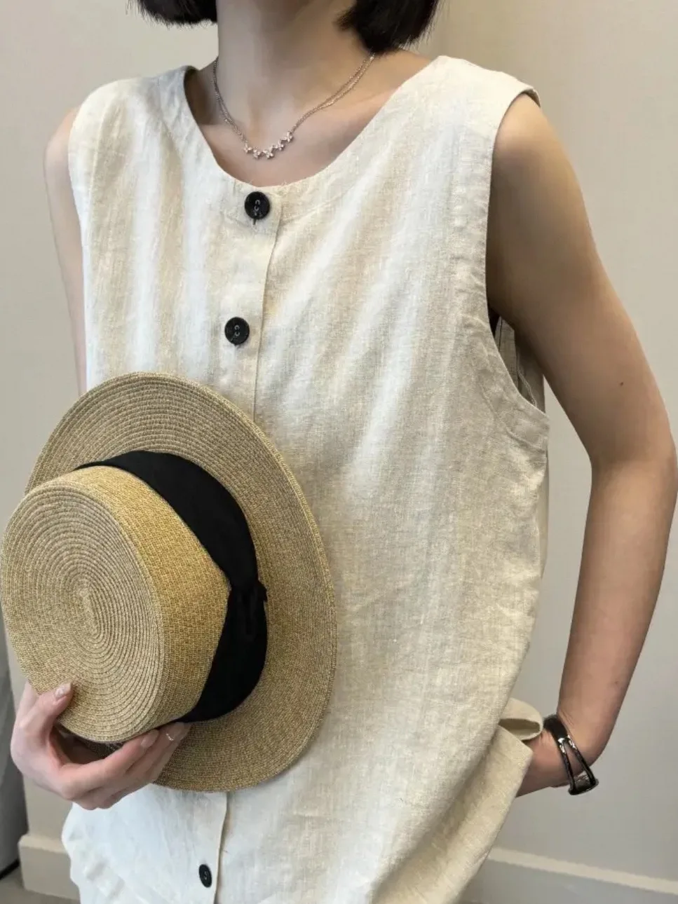 Faionable Loose High Waist Svel Women's Set Summer Chic Top Bot Two-Piece Ensemble round Ne ort Pants