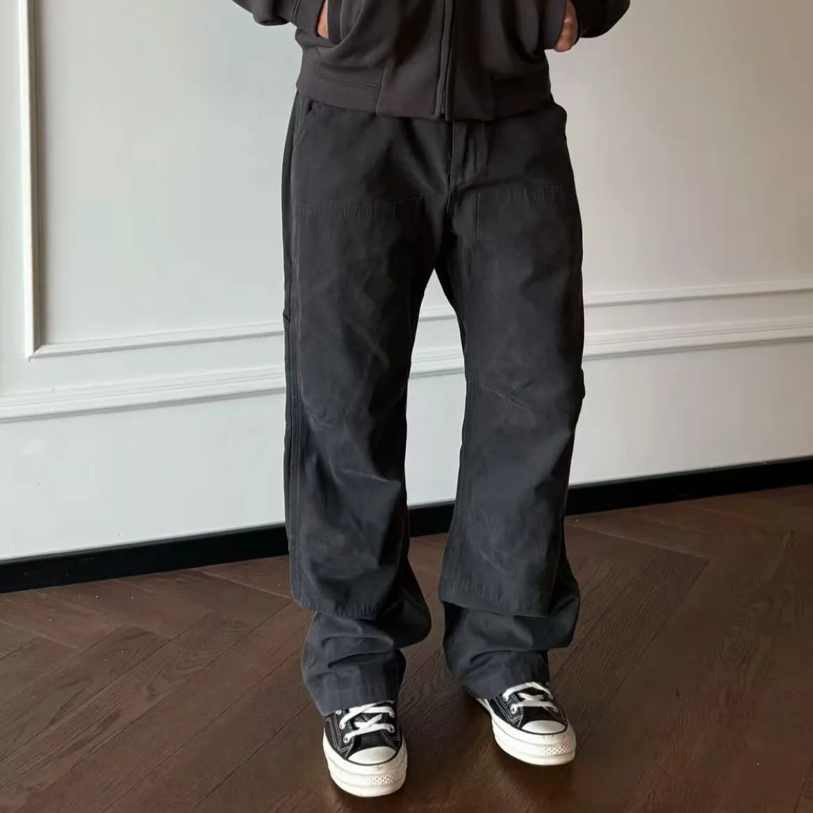 

Retro Japanese Sle Canvas Straight Leg Pants Double Knee 3D Tailoring Slimming Long Trousers Casual Men's Faion