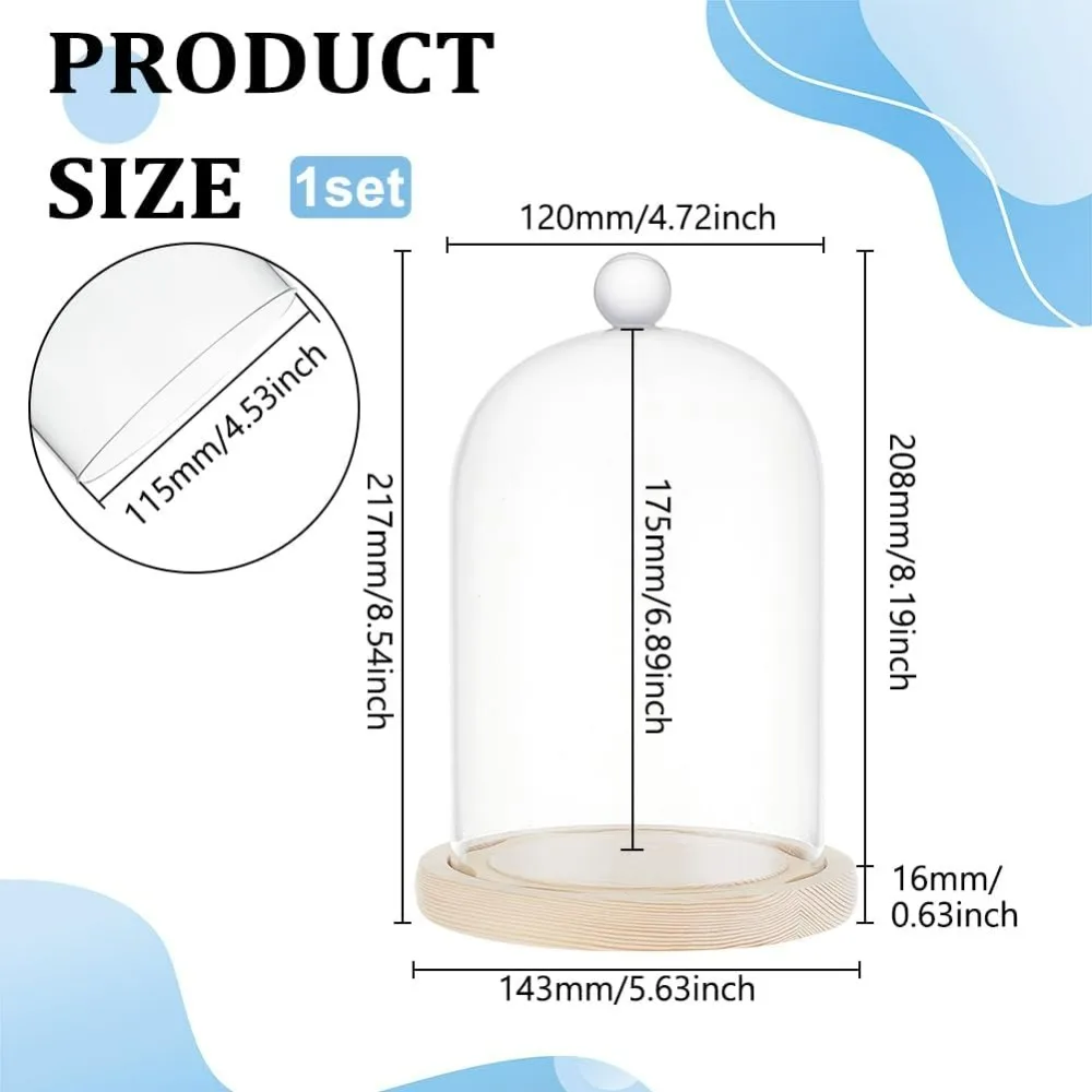 8x4.5inch Glass Display Dome Inch Cloche Dome with Base Clear Dustproof Dome with Handle Bell Jar Centerpiece Display Case