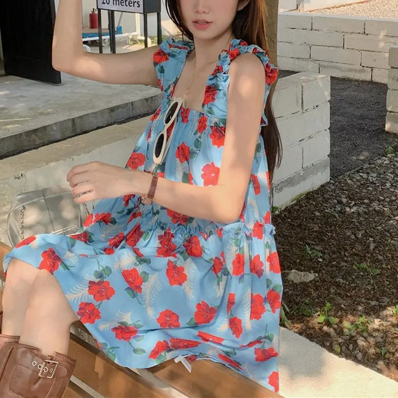 Vintage Broken Flowers Slip Dresses Female Clothing Hotsweet Printed Summer Fashion Edible Tree Fungus Casual Spliced Mini Dress