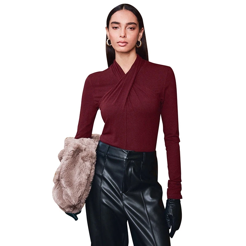 女性用秋物無地クロスオーバーネック長袖スリムフィットプルオーバートップカジュアルレイヤードコーデデートナイト心地良い秋のギフトティーン向け