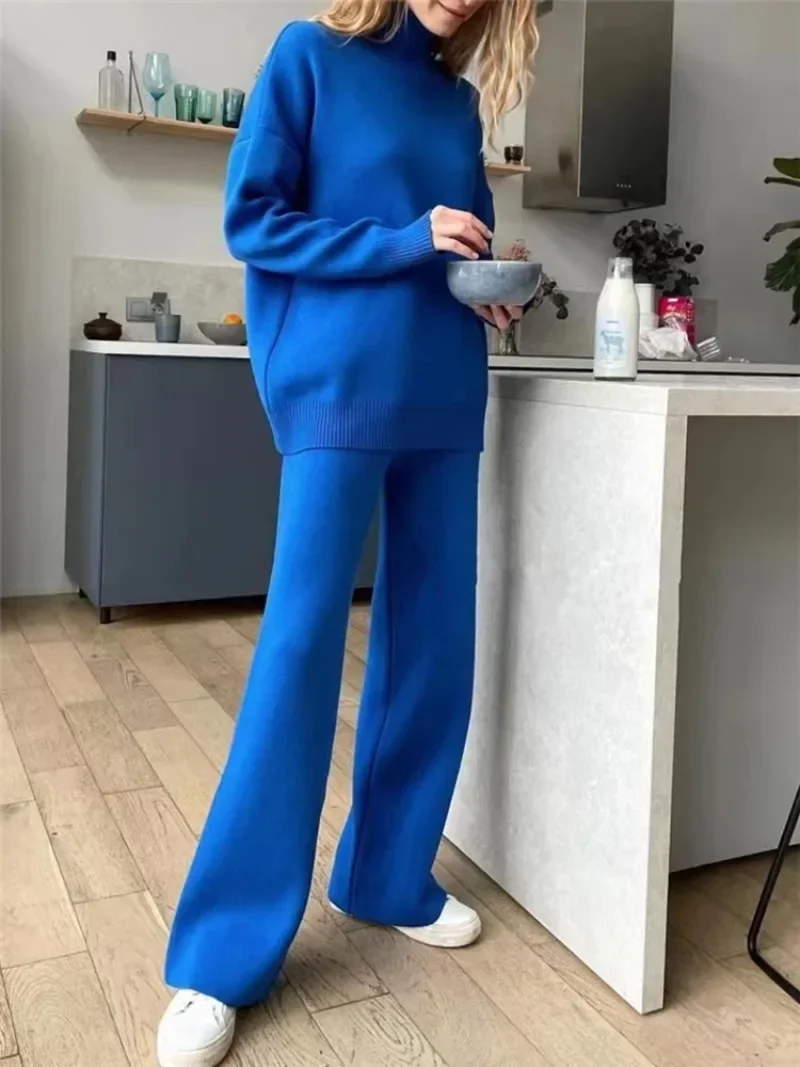 Autumn Winter Korean Fashion 2 Pieces Women Sets Knitted Tracksuit Turtleneck Sweater And Straight Jogging Pants Suits Y2k