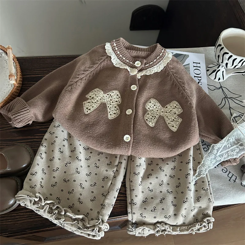 Girls Suits 2024 New Autumn and Winter Girls Bow Sweater Cardigan Children Body Fleece Wide-leg Pants Two-piece Set Clothes