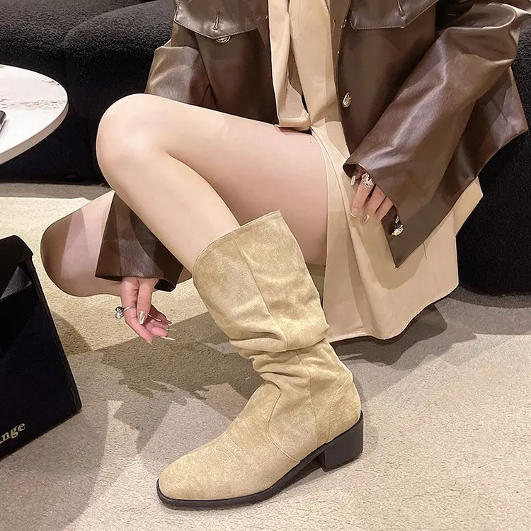 Autumn/Winter 2024  Western boots all-in-one adult women's boots Embroidered sleeve rider motorcycle boots mid-calf