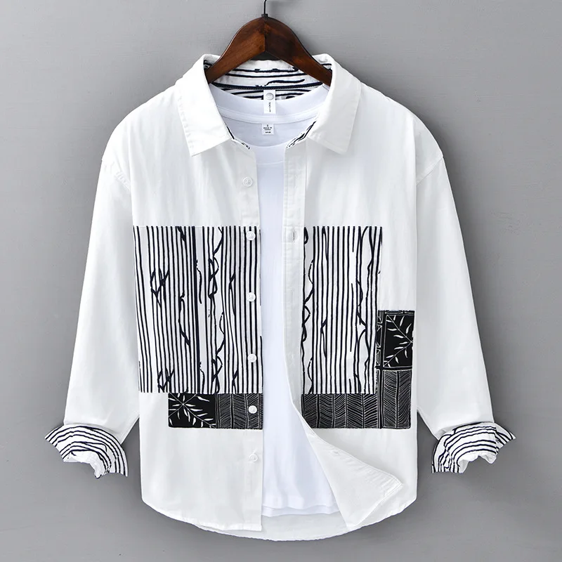 

8836 High Street Personality Printed Patchwork Lapel Shirts Tops For Man Spring Casual Japan Style Simple Long Sleeved Outwear