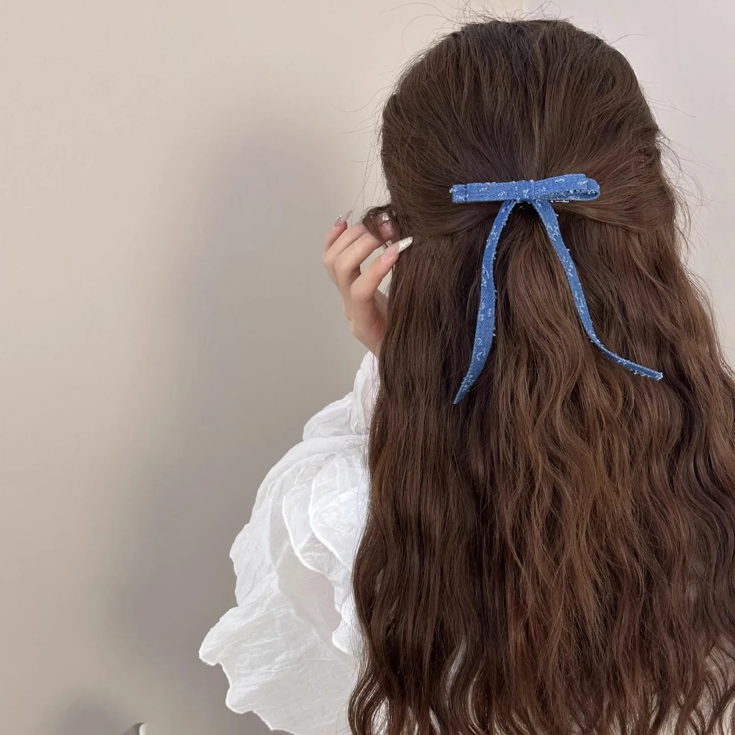 Cowboy Blue Bow Hair Clip, Side Bangs Clip, Ribbon, Double Ponytail Clip, Hair Accessory At The Back Of The Head