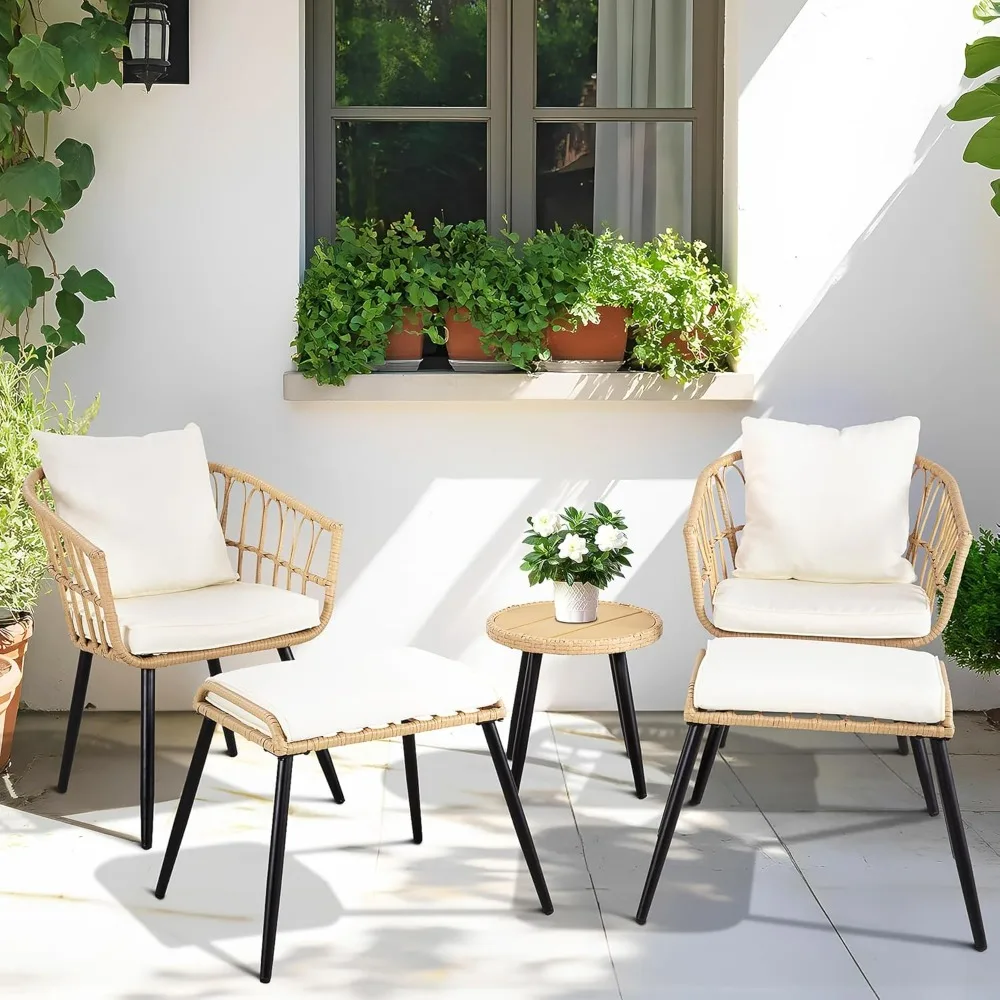 5-delige terrasmeubilairset, terrasbistroset met poef, balkonmeubilair rieten stoelen en ronde tafel voor tuin,