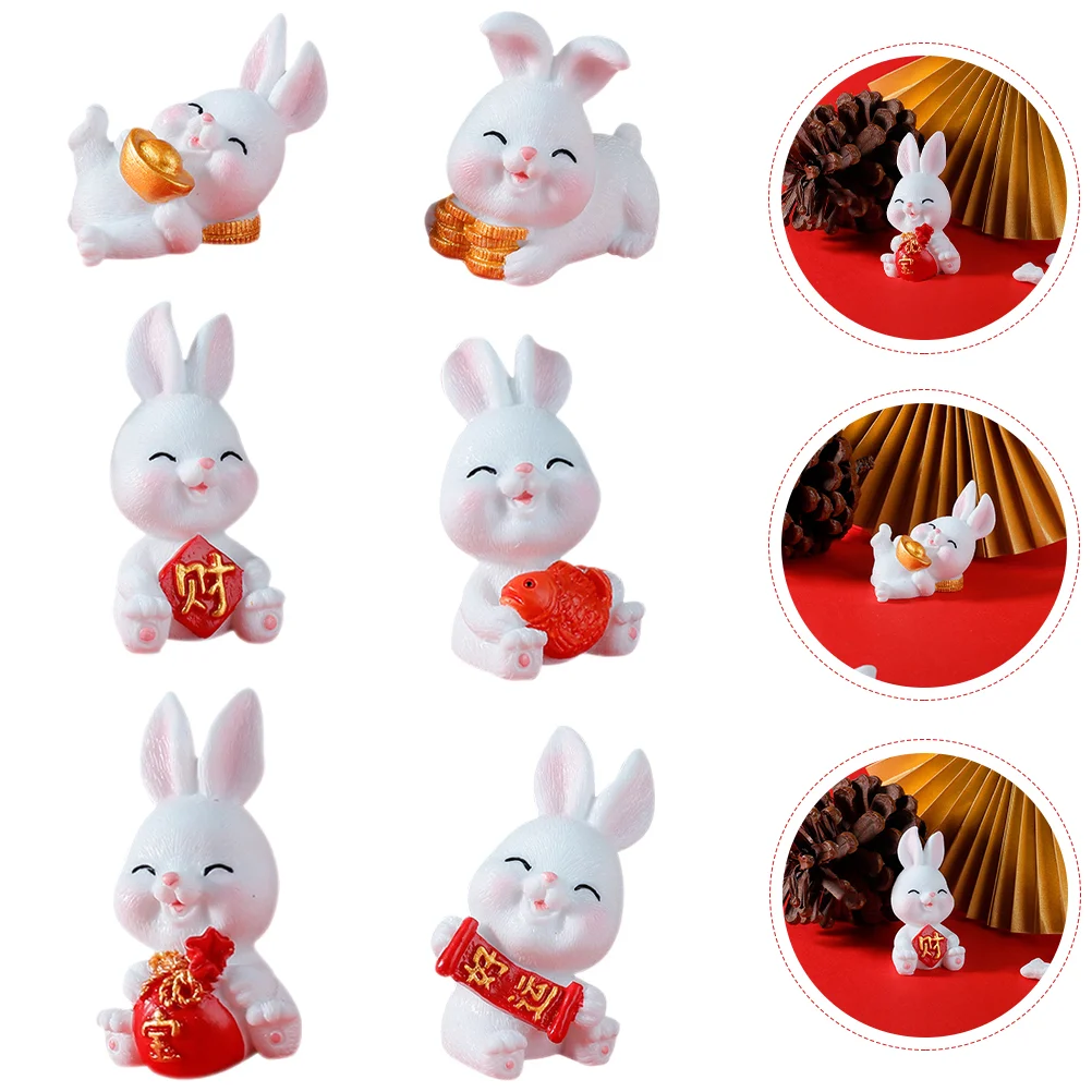 6 Pcs Year of The Rabbit Mascot Micro Landscape Decors Bunny Miniature Figurines Small Glass Natural Resin Statues