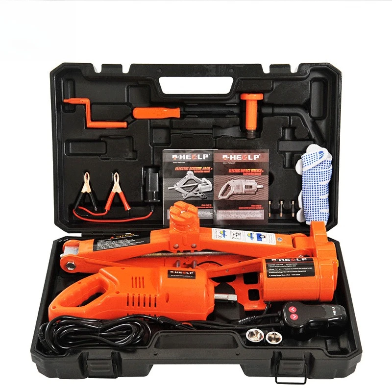 

Orange vertical 12V electric jack set, scissor type, car jack electric wrench