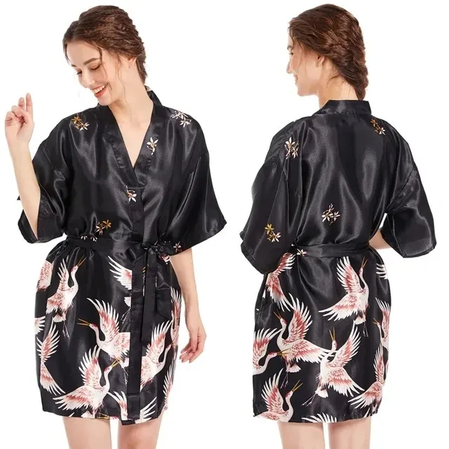 Women's Fashion Sexy Silk Satin Cropped Wedding Bridesmaid Gown Kimono Comfortable, Breathable And Skin-Friendly Floral Bathrobe