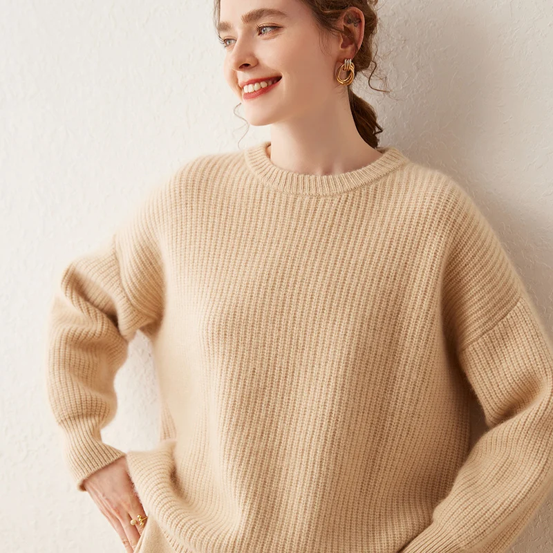 High-quality Autumn Winter Women\'s 100% Cashmere Sweater O-Neck Fashion Thicken Tops Female Loose Large Size Knitted Pullover