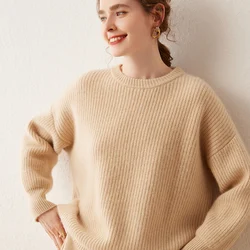 High-quality Autumn Winter Women's 100% Cashmere Sweater O-Neck Fashion Thicken Tops Female Casual Loose Solid Knitted Pullover