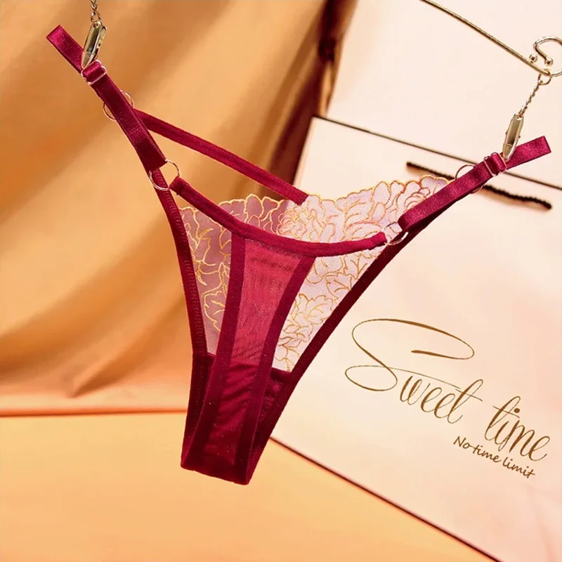 Sexy Lace Embroidery Thongs Women G strings Panties Transparent Mesh Underwear Ladies Briefs Adjustable Waist Culotte female image 4
