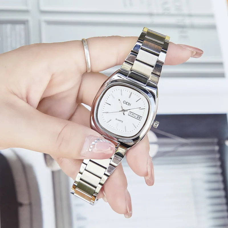 Woman watch dual calendar waterproof oval quartz watch simple and high-end solid steel strap wristwatch Gifts for women