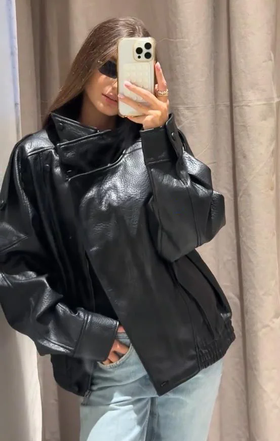 

Stand Collar Pu Leather Jackets Women Casual Full Sleeve Zipper Buttons Solid Coats 2025 Autumn Winter Fashion Streetwears Lady