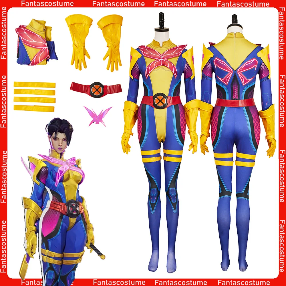 

Cosplay Psylocke Costume Game Rivals Fantasy Disguise Adult Women Jumpsuit Gloves Outfits Female Halloween Carnival Party Suit
