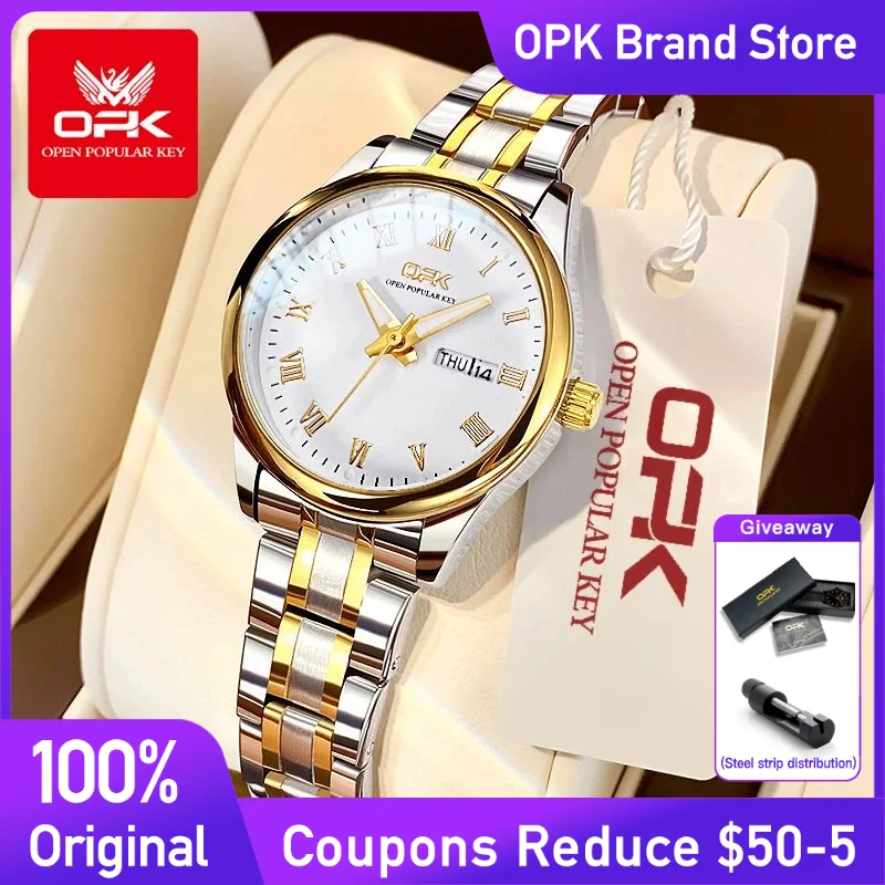 OPK dameshorloge Luxe mode roestvrijstalen quartz horloge Datum Waterdicht Lichtgevend damespolshorloge