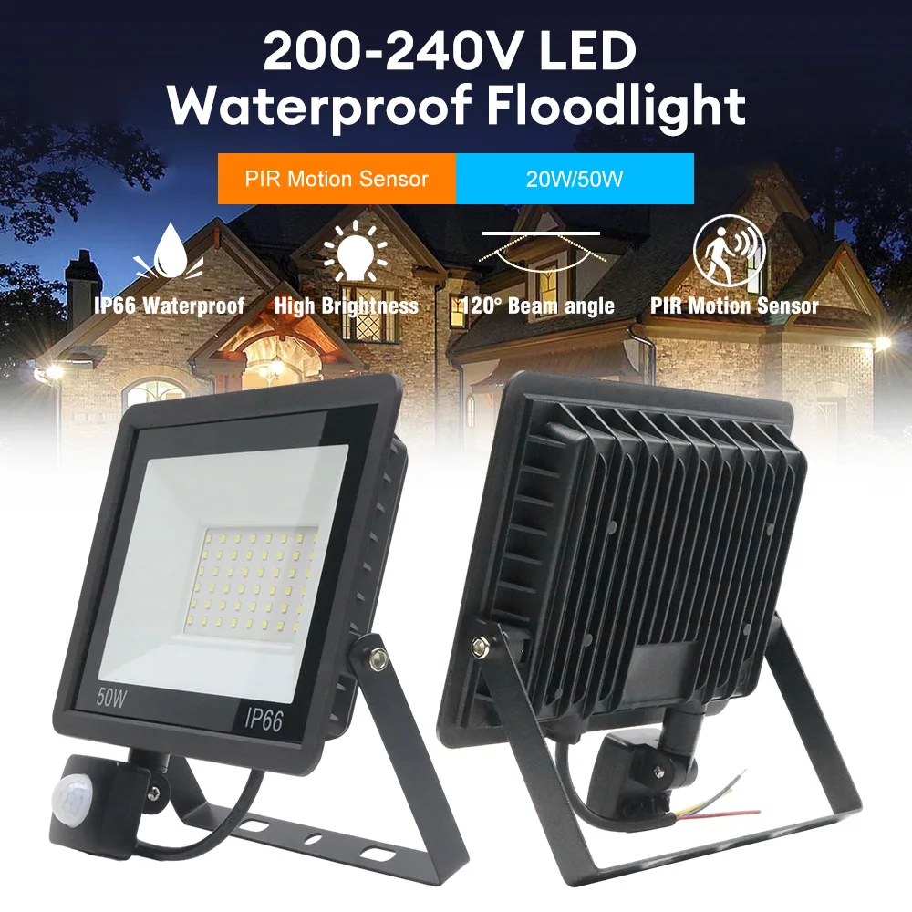 PIR Motion Sensor LED Flood Light 20W 50W Outdoor Floodlight 220V 240V Waterproof Led Spotlight for Garden Wall Street Light