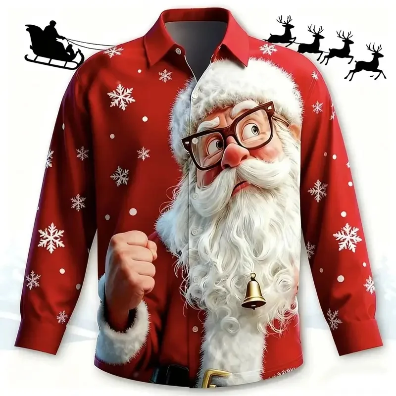 Neutral Christmas long sleeved button up shirt | Fun and cool Santa Claus print (sunglasses and pipe design) with snowflakes and