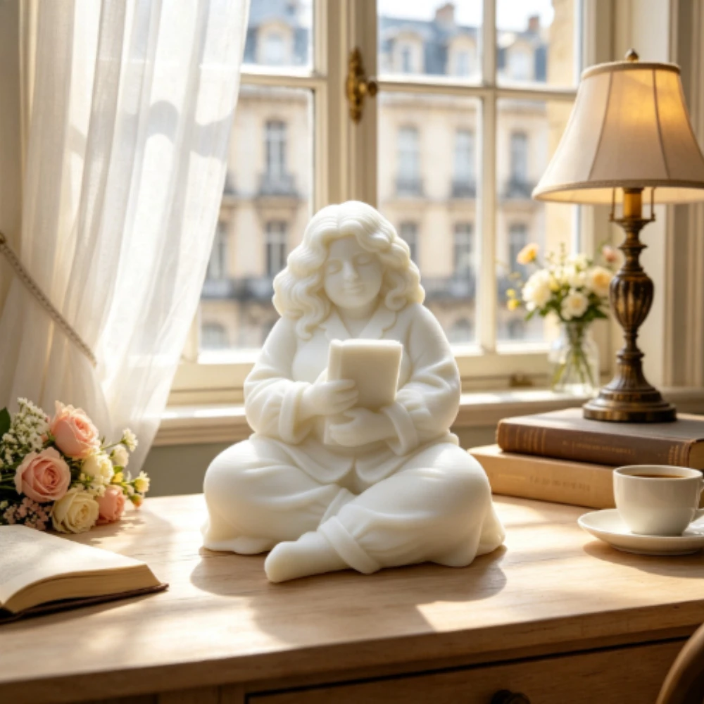 Plump Woman Reading Statue 3D Printed Cross‑legged Book‑Holding Lady Figurine Art Desktop Ornaments Home Study Decor Craft Gifts