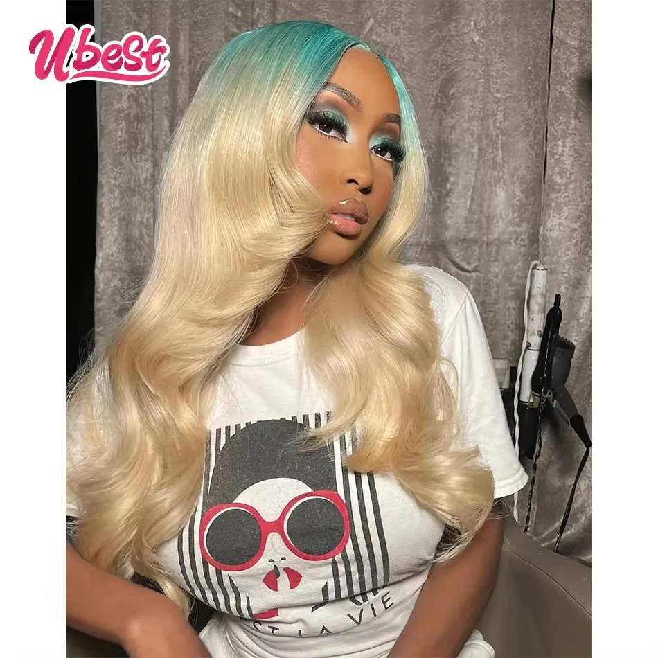 

Ombre Turquoise Green 613 Colored Body Wave 13x6 Lace Front Wigs Brazilian 100％ Human Hair Transparent Wig Pre Plucked For Women