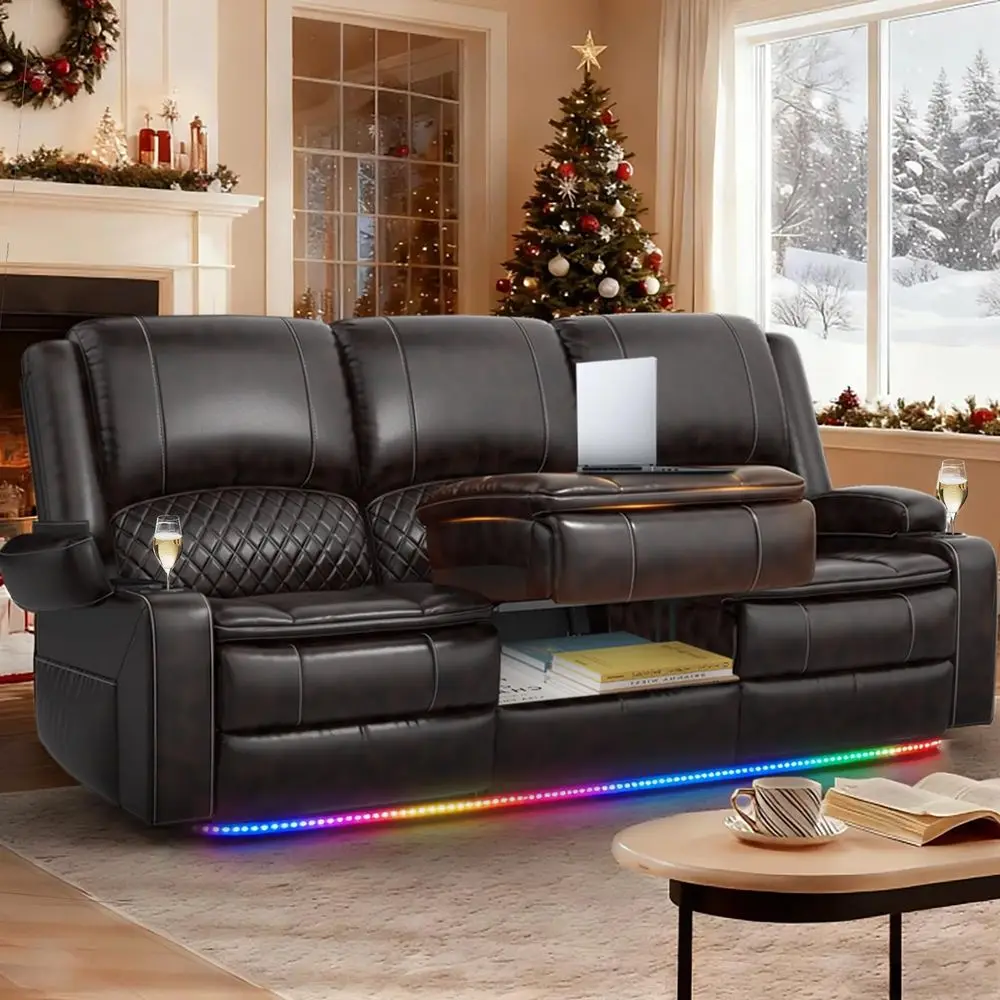 

Sofa 3 Seater Sofa with Recliner, Home Theater Seating with Liftable Console amp Removable Armrest, Manual PU Leather Reclining