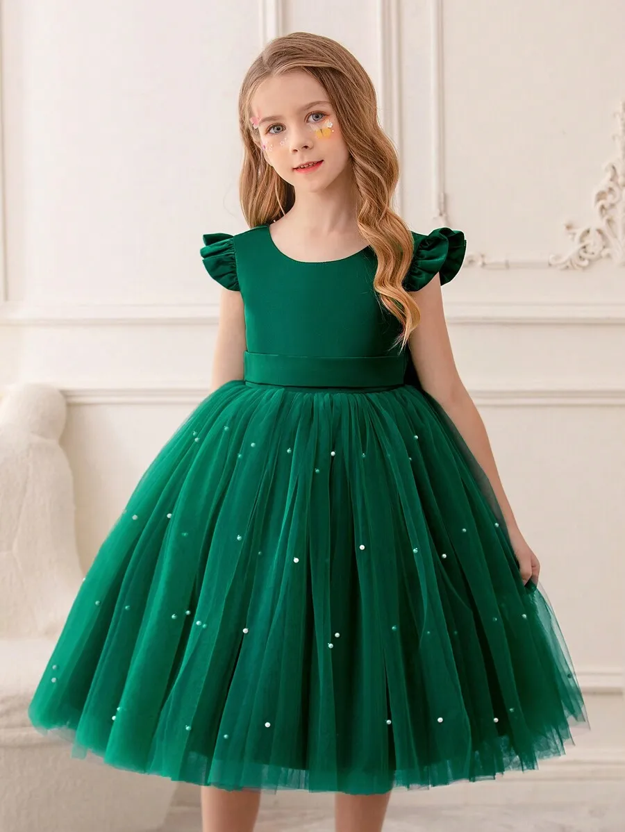 

Emerald Green Ruffled Tulle Ball Gown With Pearl Beading For Formal Evening Cocktail Party