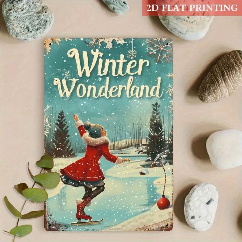 2D Flat, 1pc Vintage Winter Wonderland Metal Wall Sign - Girl Ice Skating Scene, 20.32x30.48 cm Iron Retro Ice Skates & Ice Rink