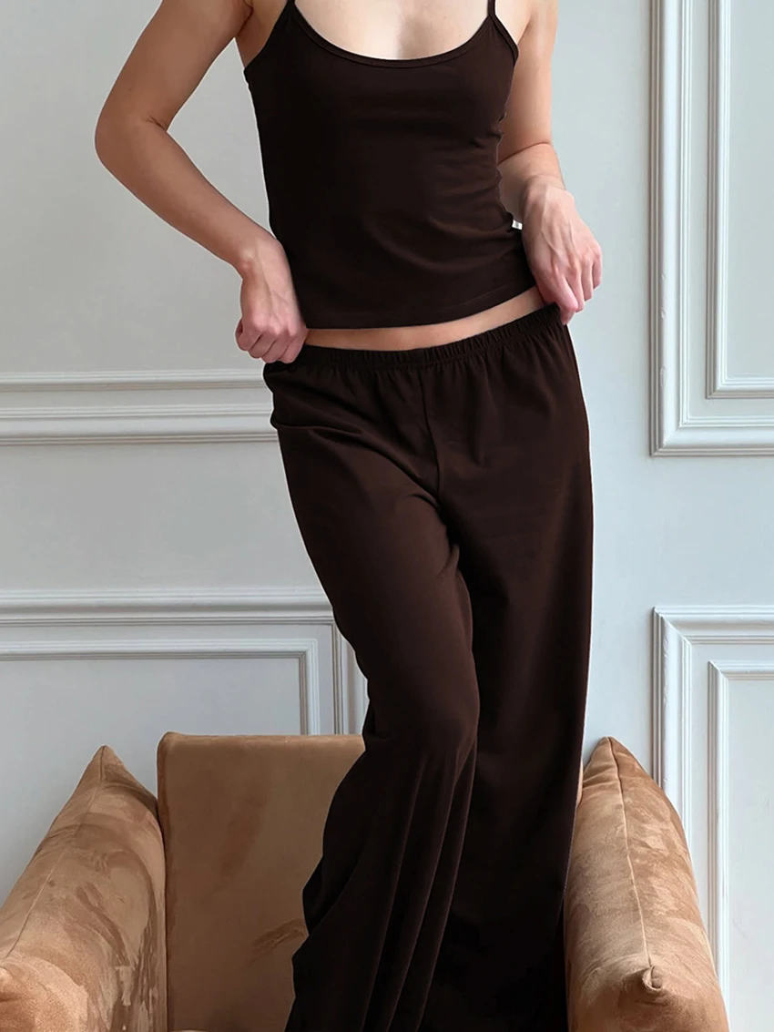 Marthaqiqi Home Clothes Ladies Spaghetti Strap Sleepwear Crop Top Pajamas Tank Tops Nightie Pants Casual Female Nightgowns Suit