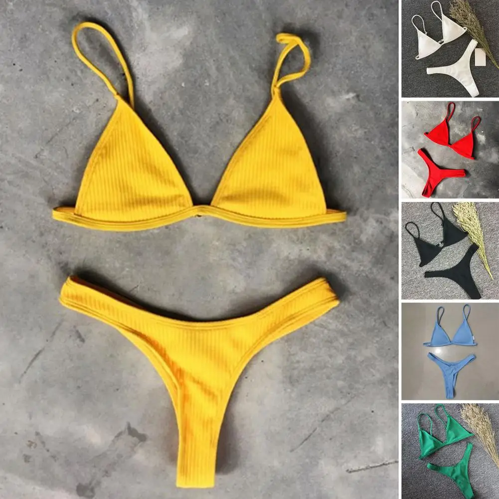 

Hot Lady Bikini Set Beachwear Backless Solid Color Triangle Briefs Women Bikini Set Bathing Suit Bathing