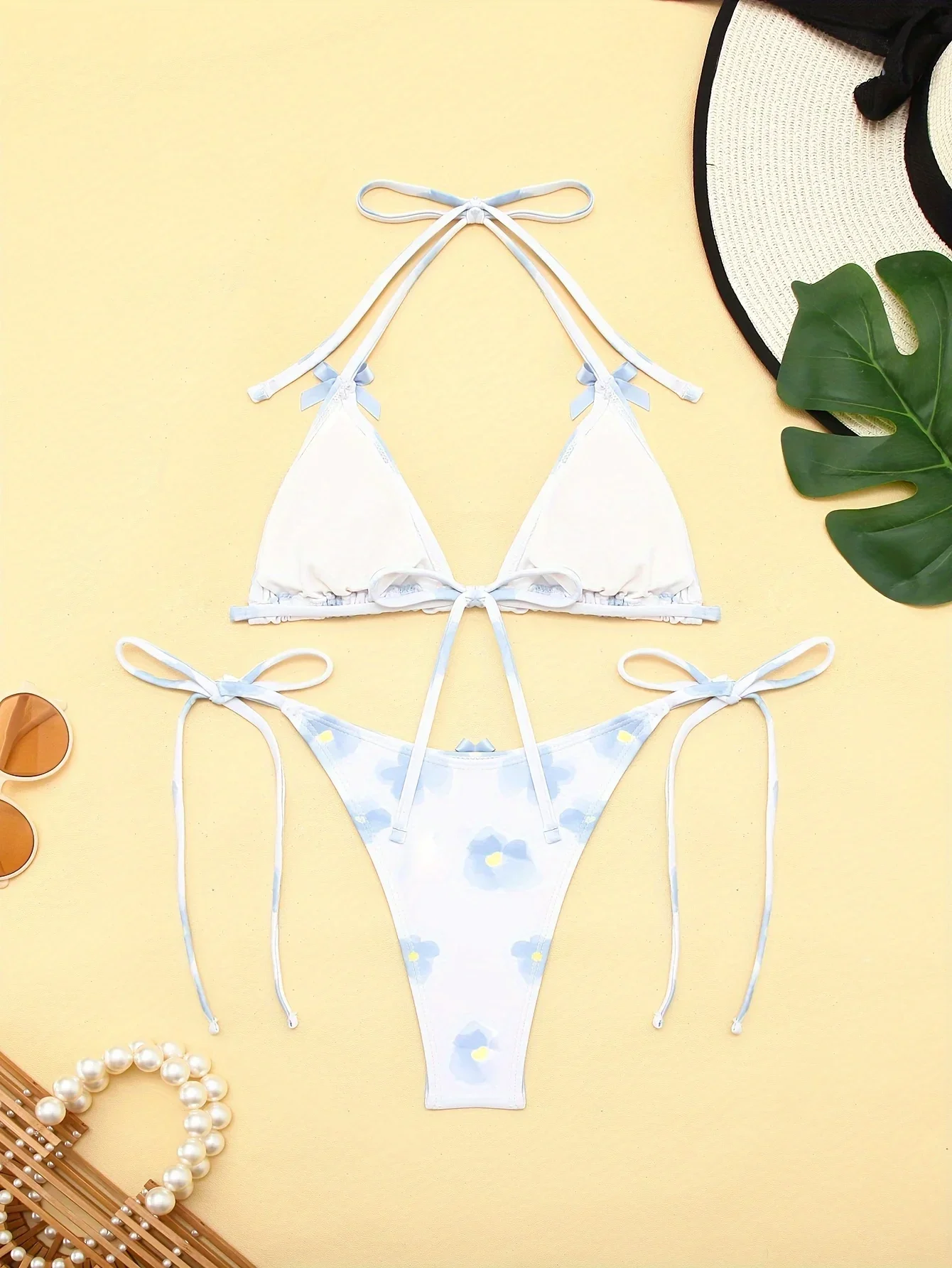 Women's Swimsuit Halter Bikini Sets Bow Decor Floral Print Bikini Swimsuits Tie Side Triangle Bathing Suits Backless Swimwear