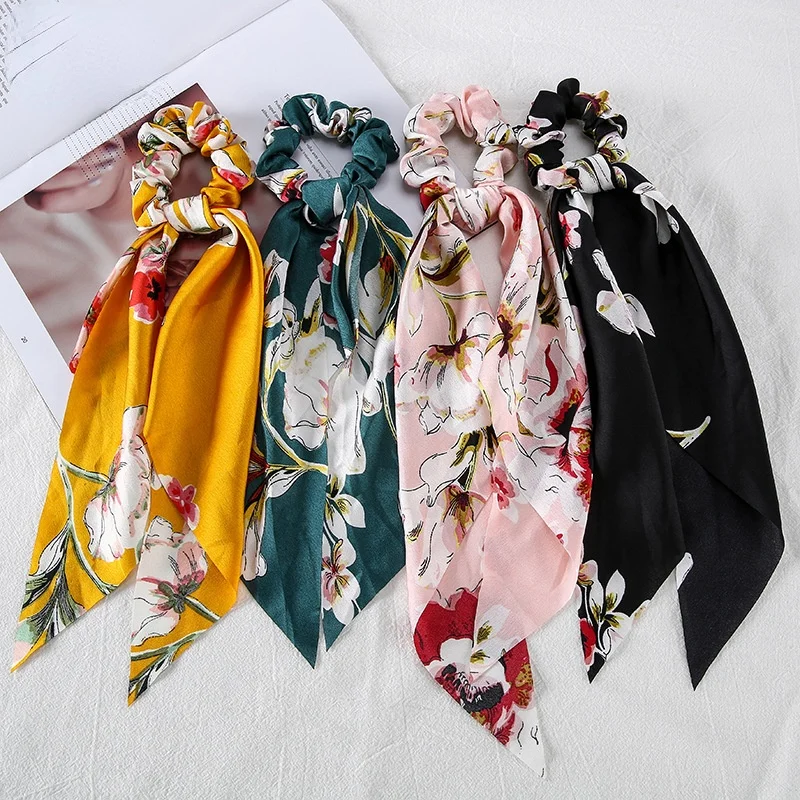 

Hair Accessoires Romantic Silk Scarf Hair Rope Girl Retro Bow Hair Ring Chiffon Elastic Hair Bands Printed Ribbon Hair Circle