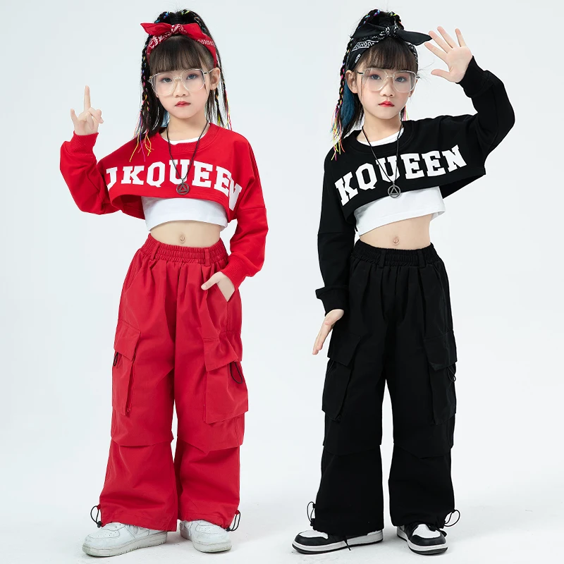 Kids Hip Hop Clothing Red Sweatshirt Crop Tank  Shirt Streetwear Joogers Pants for Girl Street Dance Costume Jazz Show Clothes