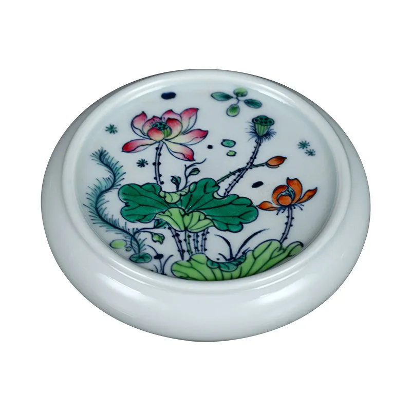 Ceramic cover, Jingdezhen blue and white bucket color hand-painted lotus tea pot lid holder coaster tea accessories