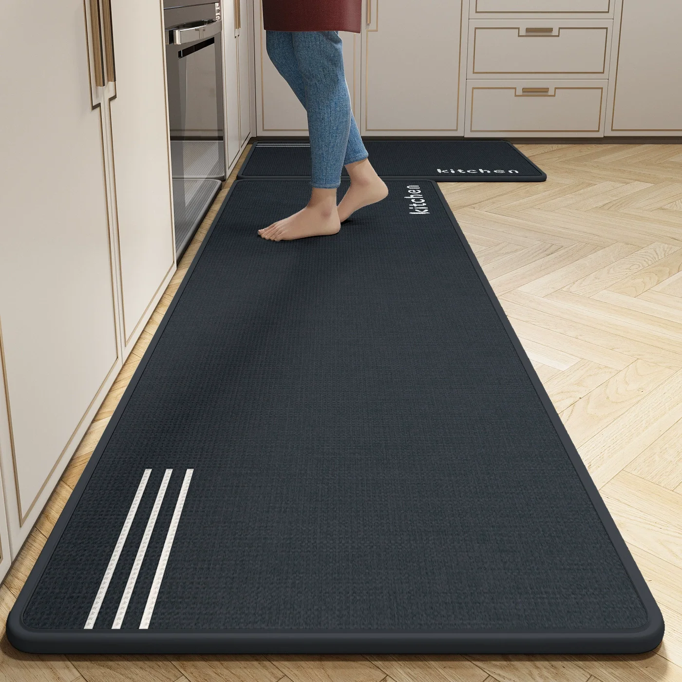 Oil & Water Absorbent Kitchen Mat, Striped Linen Texture Runner, Stain Resistant Easy Care Long Rug, Non-Slip Rubber Backing
